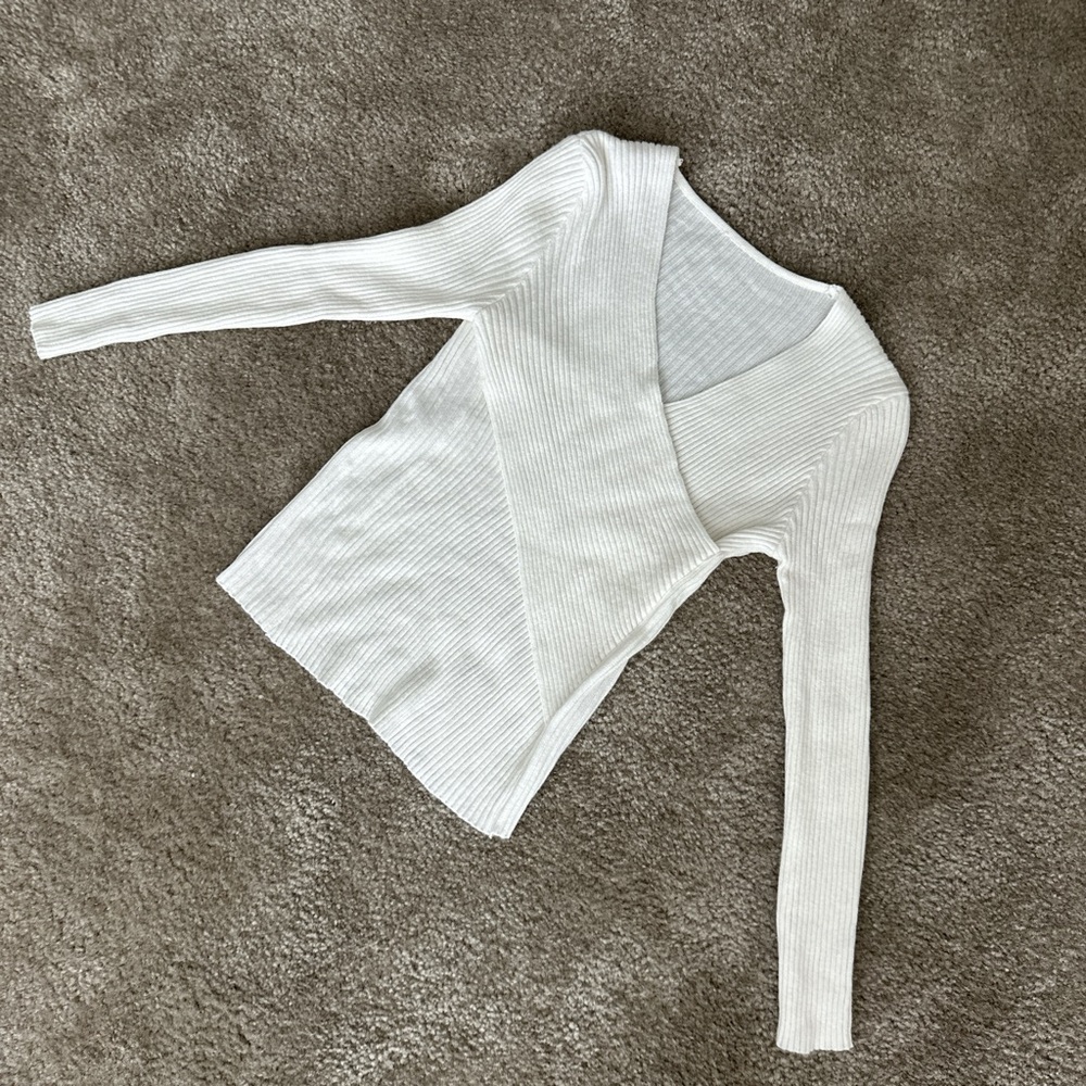 White Ribbed Wrap Sweater